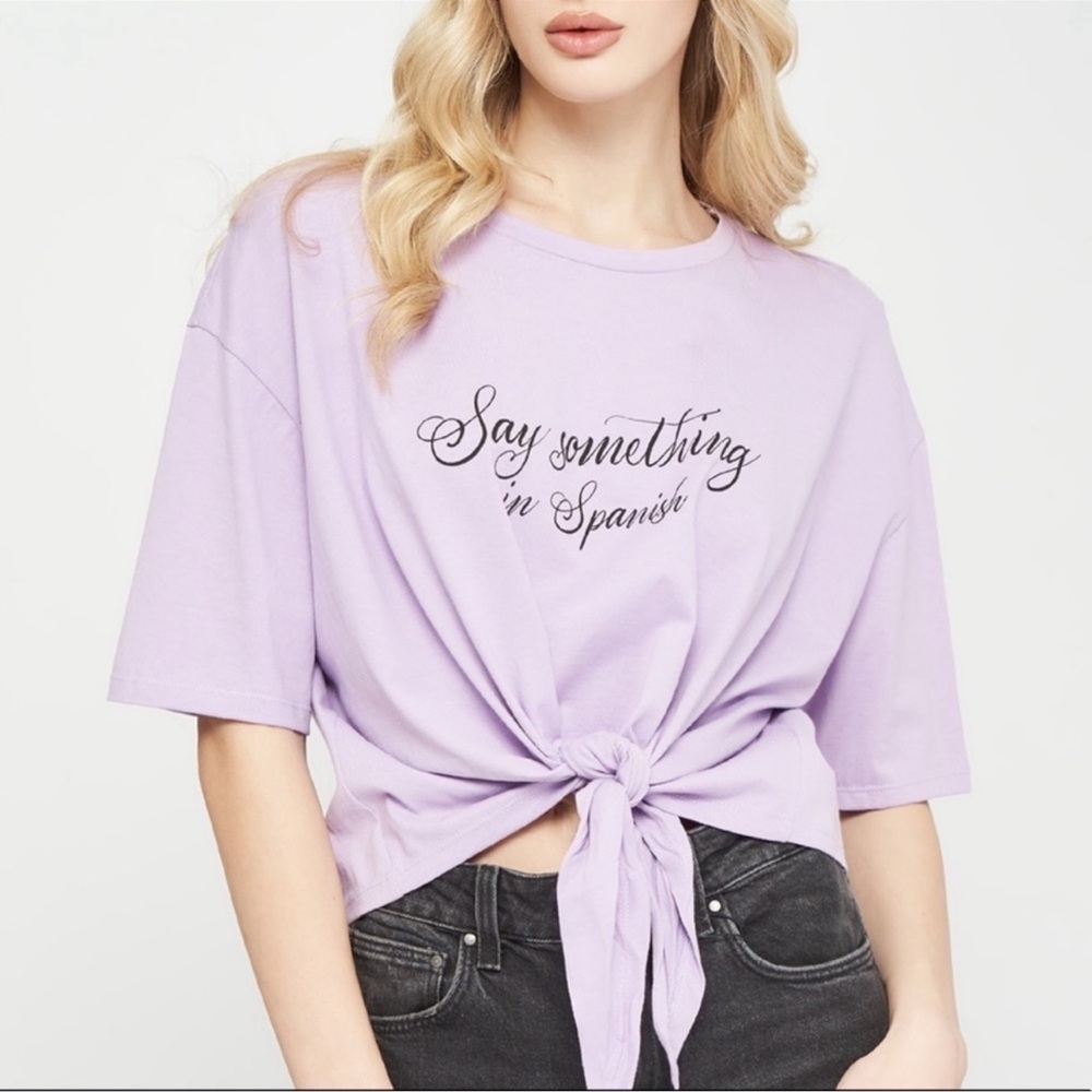 ZARA Women’s Purple Say Something in Spanish Tie KnotFront Graphic Tee Tshirt